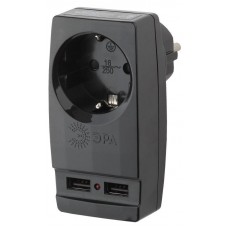 Адаптер SP-1e-USB-B Polynom 1-м 220В + 2хUSB 2100мА c зазeмл. черный ЭРА Б0026333